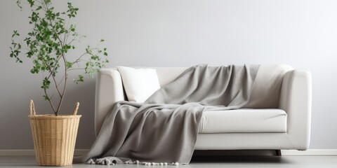 Grey sofa and basket with cozy blanket in living room