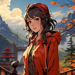 Fototapeta premium anime girl standing in japanese landscape