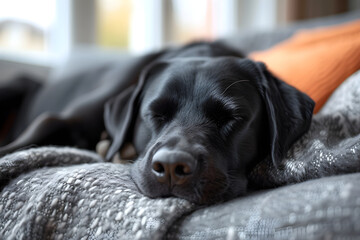 Black labrador sleeping on the sofa under grey blanket. Retriever dog is lying napping, resting in living room at cozy winter day. Banner of comfortable life domestic pets. Design for poster print ads