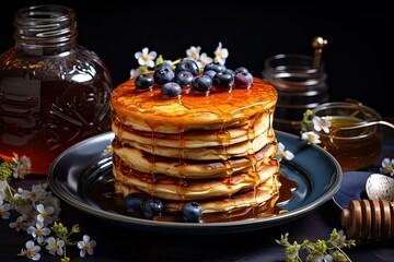 Pancakes with blueberries and syrup on a plate