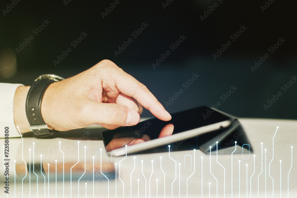 Poster creative abstract micro chip hologram and finger presses on a digital tablet on background, artifici