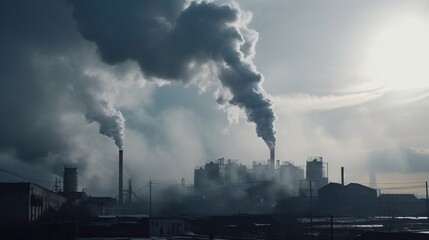 Illustration of the negative impact of manufacturing factory in big city. Air pollution environmental problems. Global warming effect. Outdoor industrial background. - obrazy, fototapety, plakaty