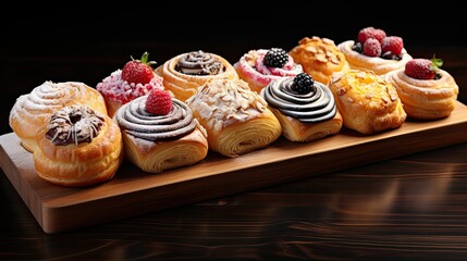 A delicious assortment of pastries and desserts on a wooden platter