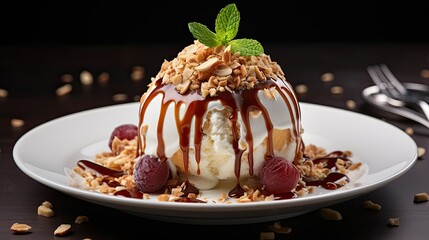 Delicious Dessert - Soft Serve Ice Cream with Fudge Sauce and Raspberries