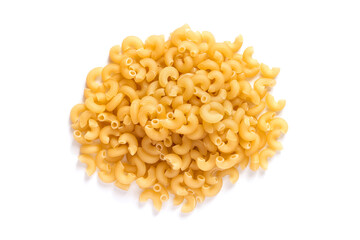 Pile of pasta cones on a white background. Pasta cones isolated. Top view.