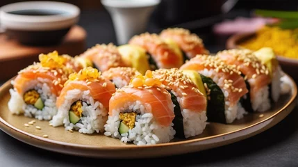 Foto op Plexiglas Delicious salmon sushi roll set on plate in restaurant background. Fresh and healthy seafood illustration. © vlntn