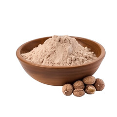 pile of finely dry organic fresh raw walnut flour powder in wooden bowl png isolated on white background. bright colored of herbal, spice or seasoning recipes clipping path. selective focus