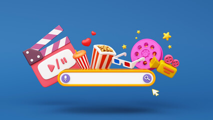 Search bar. Watching movies cinema internet online Entertainment media on smartphone or computer with popcorn, clapperboard, movie film roll. Multimedia app service. clipping path. 3D Illustration.
