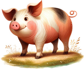 A pig in a field, A whimsical, full-body illustration of a pig in a playful, storybook style, Farm animal