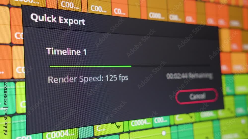Poster video editing. exporting a sequence. progress bar. screen close-up