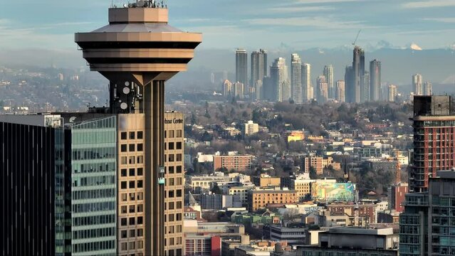 A View Of The Iconic Harbour Centre Tower In CBD Downtown Vancouver, BC Canada. Aerial Close-Up Shot