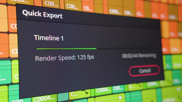 Video editing. Exporting a sequence. Progress bar. Screen close-up