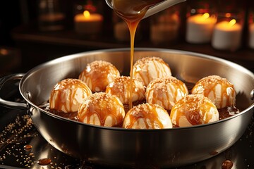 Caramel Sauce Being Poured Over Pan of Pastries