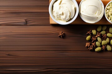 Natural Wooden Table with Various Food Items