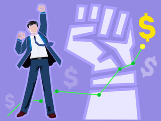 Business man runs up the arrow on the chart, which symbolizes business growth flat vector illustration