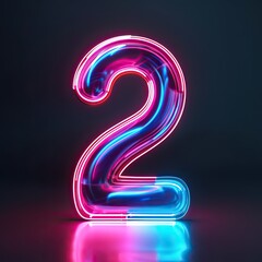 3d render, number two, pink blue gradient neon light glowing in the dark, Bright color, ultra realistic