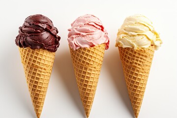 Three delicious ice cream cones in a row