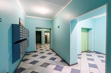 interior public place, house entrance. doors, walls, corridors staircase