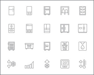 Set of fridge and refrigerator line style. Contains such Icons as household, appliances, double door fridge, side by side door fridge, ice, snowflake, kitchen, Celsius, Fahrenheit and more.