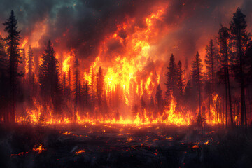 Scenic Forest Fire with Burning Fires