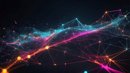 Particle neon dots and lines on dark background. Technology and futuristic concept, Showcase, Empty space, Backdrop, Animation. Neon colored 3d rendered network connection plexus design. 