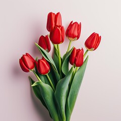 Fototapeta premium Bunch of red tulips against a pink background