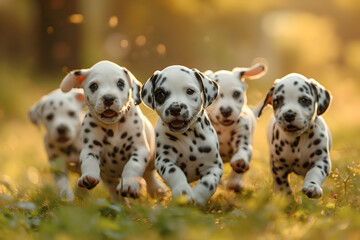 Playful Dalmatian Puppies Running in a Field