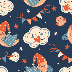 Night nursery seamless pattern. Hand drawn Scandinavian style background. Little cloud, and baby moon. Retro vector wrap paper or fabric. Kids bedroom or playroom decoration.