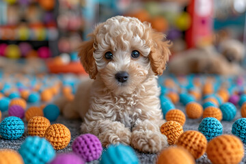Fluffy Puppy Playing with Colorful Balls on Flooring