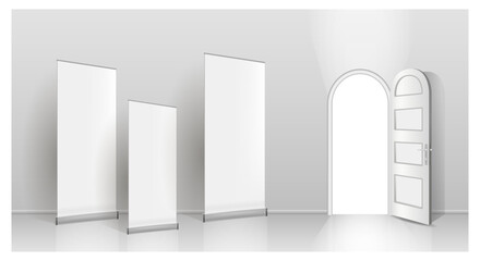 The interior of an empty room with a white banner and an open door.
Free space for copying, 3d vector image.