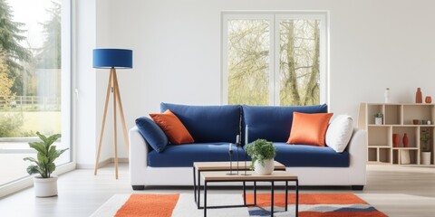 A real photo of a white living room with a navy peony rug, a fancy navy blue sofa, and orange and red cushions on it. A basic wooden coffee table is also featured.