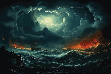 Bright lightning in a raging sea. A strong storm in the ocean. Big waves. Night thunderstorm. Dark tones. The power of raging nature.