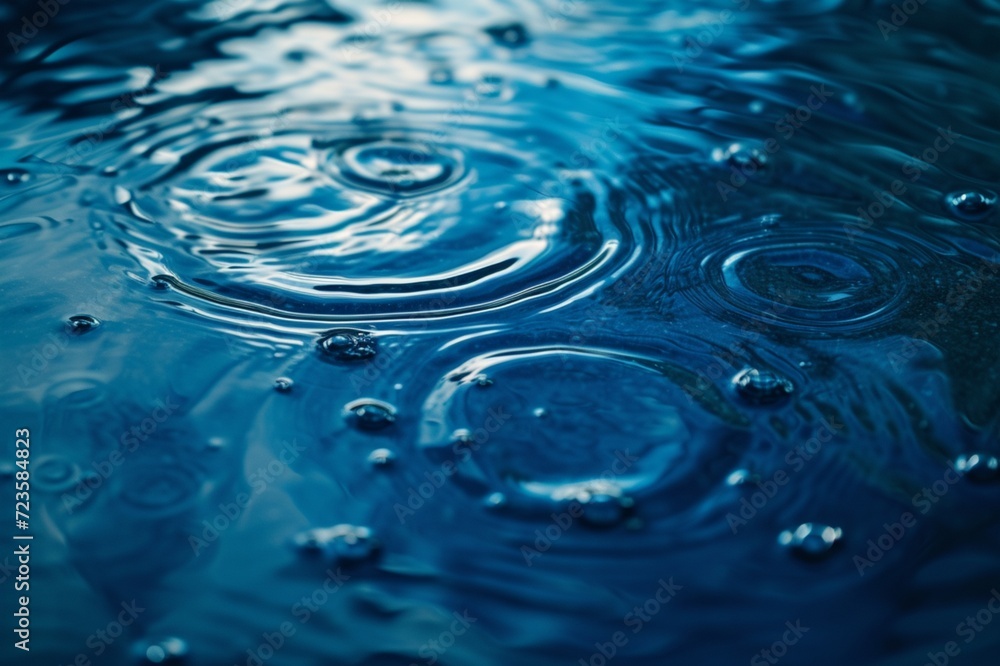 Poster glossy cerulean square surface with raindrop effects creating ripples across the canvas