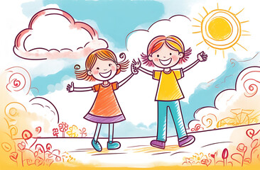  Two sisters/girlfriends are having fun walking on a sunny day. Girlfriend's Day, Sister's Day. Children's drawing style. Crayon drawing style 