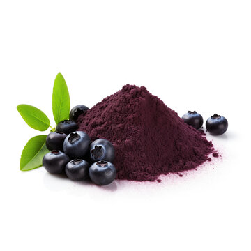 close up pile of finely dry organic fresh raw huckleberry powder isolated on white background. bright colored heaps of herbal, spice or seasoning recipes clipping path. selective focus