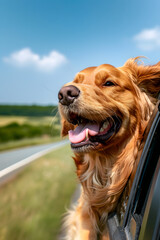 Happy Dog Sticking Its Tongue Out of the Car Window  in travel vacation time