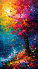 Obraz na płótnie Canvas Abstract oil painting of a tree with colorful leaves. Colorful autumn background.