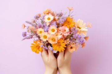 Hand holding a bouquet of colorful flowers, including daisies and wildflowers.