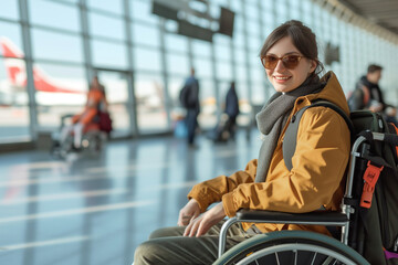 Disabled female traveler sitting in wheelchair waiting for a flight at the airport terminal