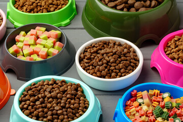 Various pet bowls with dry food on gray wooden background