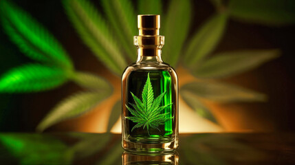 Obraz na płótnie Canvas Glass bottle with hemp oil. Medicinal properties of marijuana. Close-up of cannabis extract for smoking.