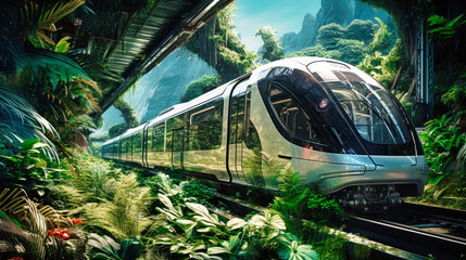 An electric monorail powered by clean energy, the train speeds through a city surrounded by plants and trees. Renewable energy and climate change concept