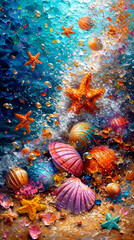 Colorful seashells and starfish on abstract watercolor background.