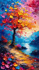 Painting of a tree with pink flowers in the autumn season.