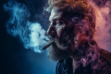 Close up man smoking a cigarette. adult man, grandfather smoking against a background of smoke and neon - obrazy, fototapety, plakaty