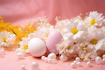 Obraz na płótnie Canvas Easter Eggs and Flower Bouquet