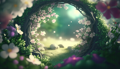 Beautiful enchanted landscape. Fantasy garden background. Magic meadow with spring blooming trees. Round frame with copy space in the middle. Fairy tale banner. - obrazy, fototapety, plakaty
