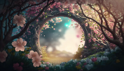 Beautiful enchanted landscape. Fantasy garden background. Magic meadow with spring blooming trees. Round floral frame with copy space in the middle. Fairy tale banner.