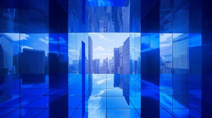 Obraz premium Brilliant sapphire blue square with a sleek, mirrored surface, reflecting a distorted skyline