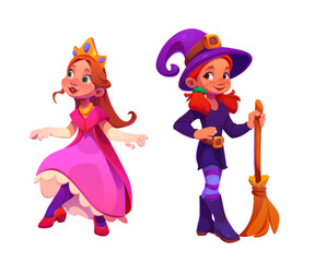 Cute girls in princess and witch costumes isolated on white background. Vector cartoon illustration of child wearing elegant pink dress and golden crown, suit with hat and broomstick, school theater